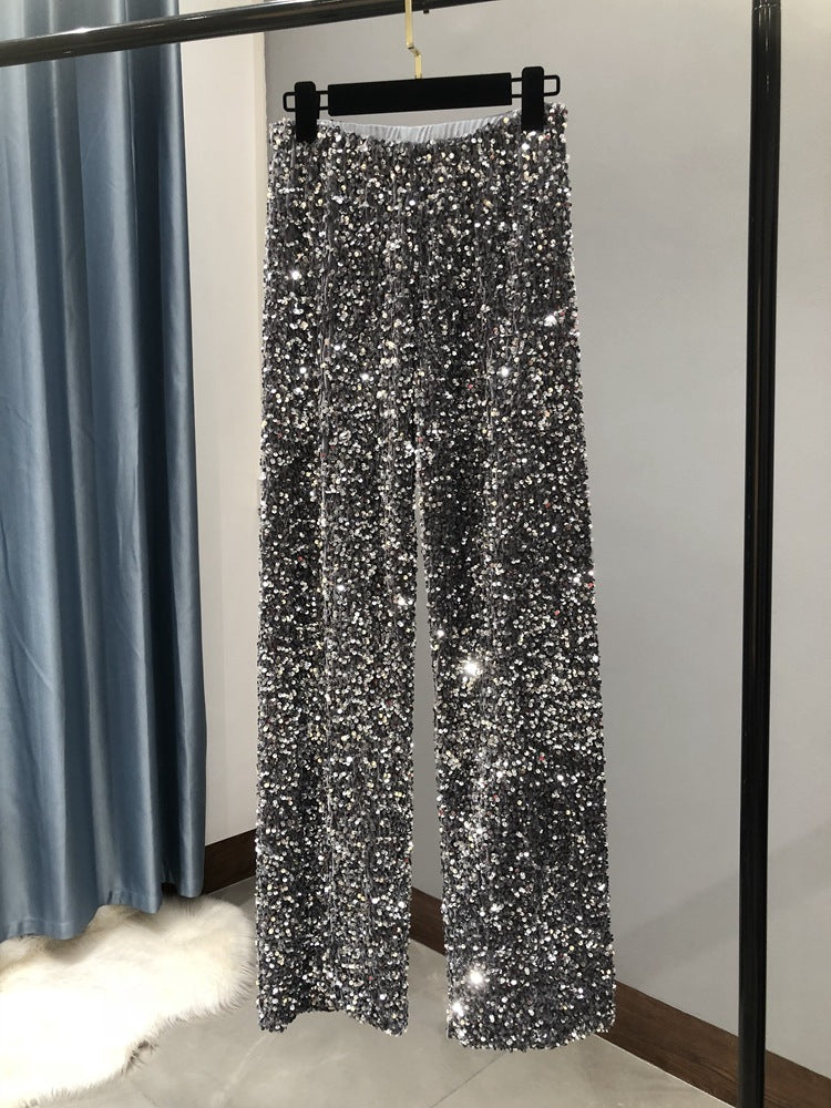 Pantalones de fregado para mujer, pierna recta, alargada y brillante