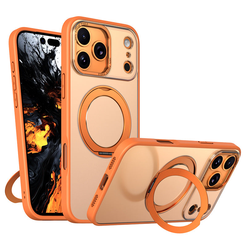 Funda para teléfono Pivot en color naranja con soporte magnético giratorio de 360 ​​grados y acabado mate similar a la piel.