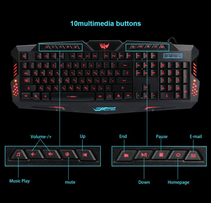 J10 tricolor backlight wired gaming keyboard set colorful luminous gaming mouse