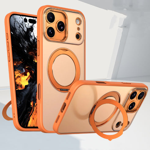 Funda para teléfono Pivot en color naranja con soporte magnético giratorio de 360 ​​grados y acabado mate similar a la piel.